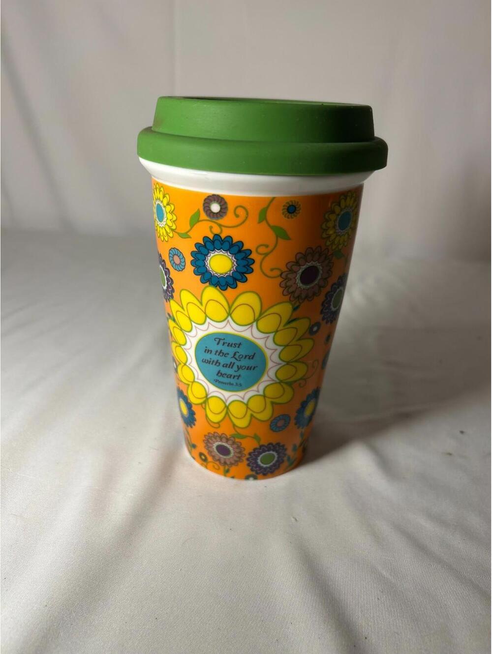 Trust in the Lord Travel Mug Floral Christian Quote Proverbs 3:5 with Green Lid